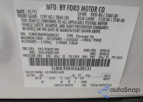 2015 Lincoln Mks из США, поврежденный, VIN 1LNHL9DK4FG608531